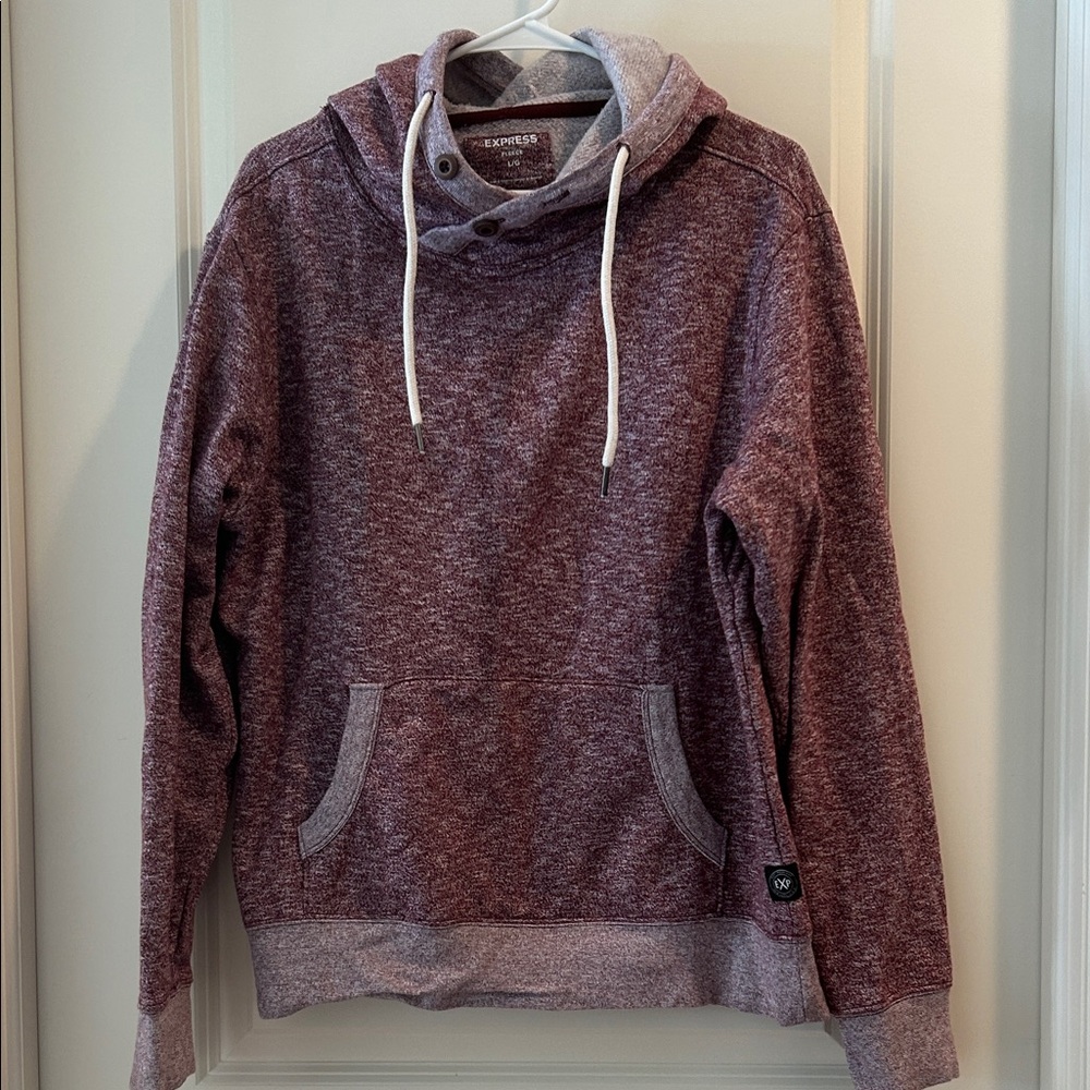 Express fleece Heathered Burgundy pullover Hoodie 2 button neck closure size L